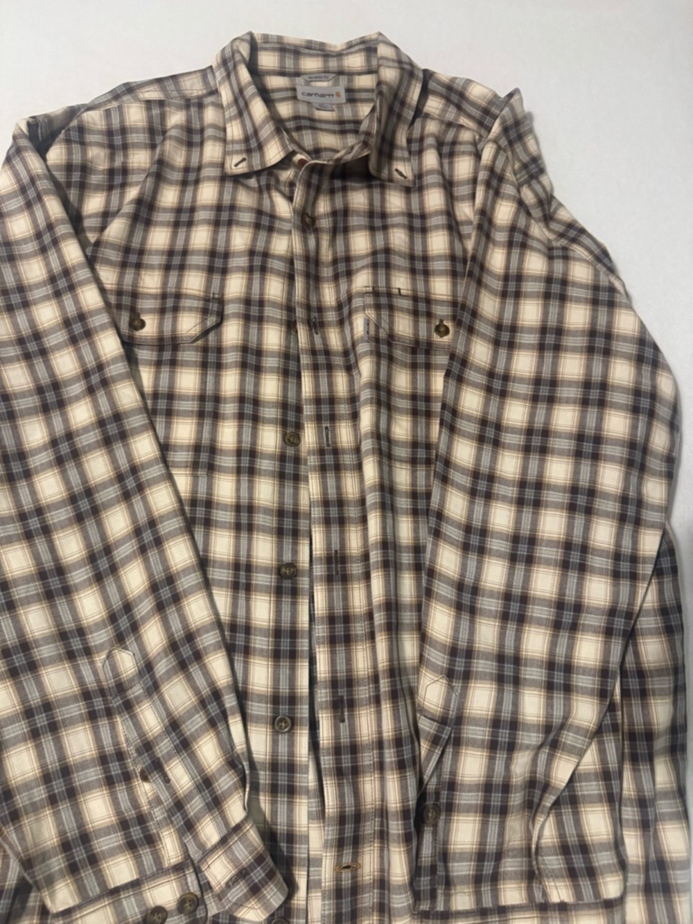 Carhartt Men’s Plaid Button-Down Shirt in Cream and Brown